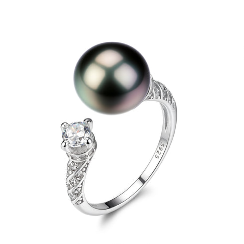 10-11mm Tahitian Pearl Diamond Open Ring in silver with an openwork diamond-accent band