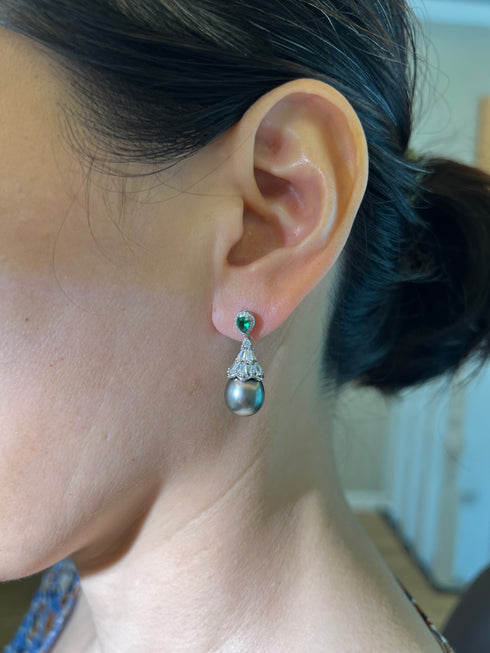 Tahitian Pearl Stellar Drop Earrings, silver-tone with emerald accent and hanging gray pearl.