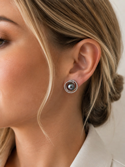 Earrings: 10–11mm Tahitian Pearl double-halo stud by House Of Pearls XM with pavé diamond halos