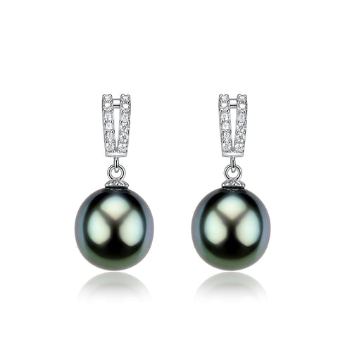 10-11mm Tahitian Pearl Stellar Night Drop Earrings, House Of Pearls, diamond-accented silver tops, pair