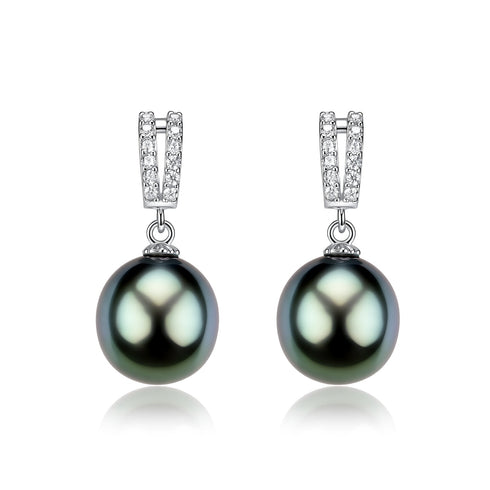 10-11mm Tahitian Pearl Stellar Night Drop Earrings, House Of Pearls, diamond-accented silver tops, pair