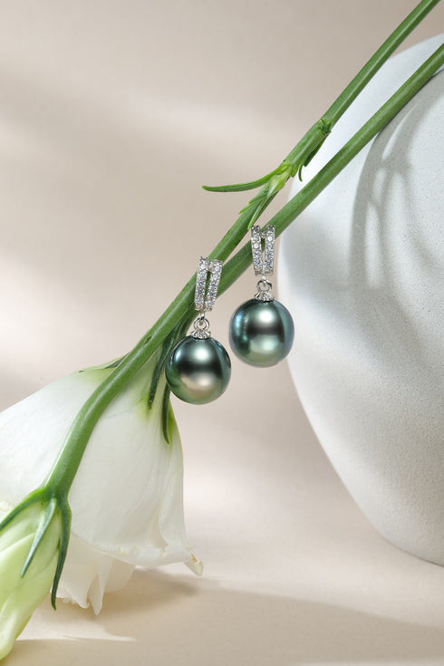 Earrings by House Of Pearls — pair of 10–11mm Tahitian Pearl Stellar Night Drop with diamond-embellished hoops