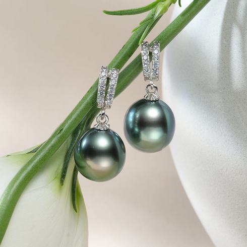 House Of Pearls Tahitian Pearl Pavé Drop Earrings, 10–11mm, dark peacock pearls with diamond-stud top hoops