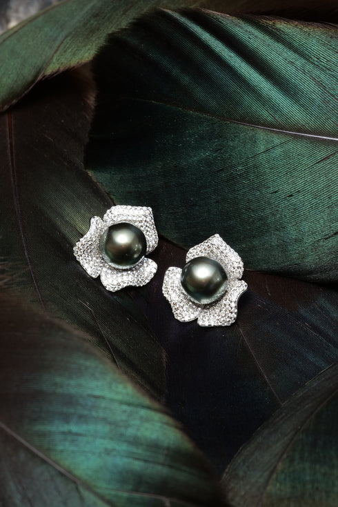Earrings - rose-shaped diamond-halo Tahitian pearl studs, pair with dark green-black pearls