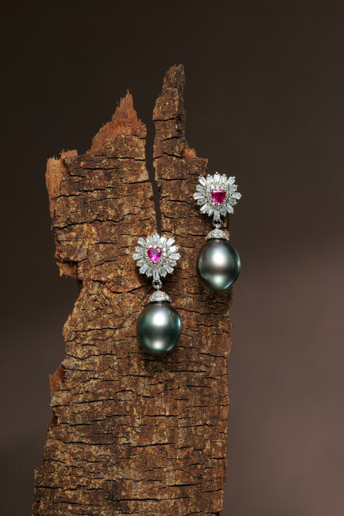 Earrings House Of Pearls: Tahitian pearl drop with pink heart-cut center and sunburst clear-stone halo