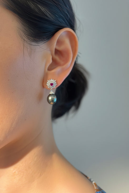 House Of Pearls Tahitian pearl drop earrings with crystal sunburst and pink heart centerpiece
