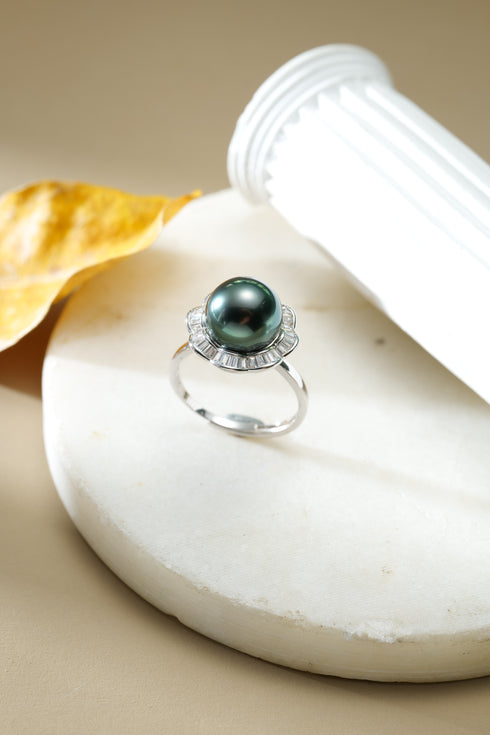 Ring with 11–12mm Tahitian pearl and sapphire halo, silver band, House Of Pearls XM