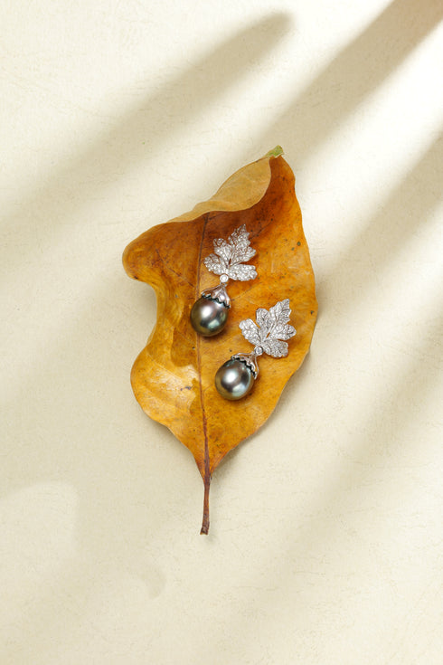 Pair of Tahitian Pearl Stellar Drop Earrings with silver leaf settings