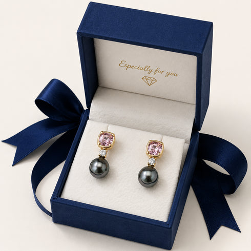 Earrings: House Of Pearls 9-10mm Amethyst Pink Tahitian Baroque pearls, gold settings, diamonds, pair in blue box.