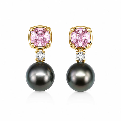 Earrings pair with gold settings, pink cushion-cut stones, clear accents, and Tahitian baroque pearls.