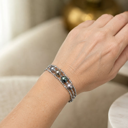 Bracelet: 3-9mm Tahitian pearls on a triple-wrap silver chain, House Of Pearls -TA