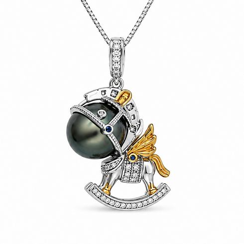 Necklace: Tahitian pearl rocking-horse pendant by House of Pearls, silver-tone with gold-toned mane and crystal accents.