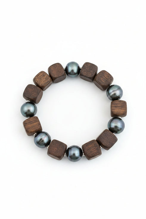 Agarwood & Golden South Sea Pearl Stretch Bracelet by House Of Pearls, featuring wooden cube beads and blue-green pearls