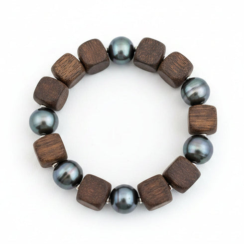 Agarwood & Golden South Sea Pearl Stretch Bracelet by House Of Pearls, featuring wooden cube beads and blue-green pearls