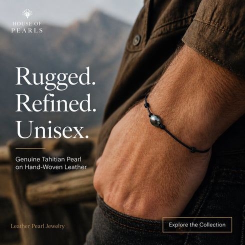 Bracelet: Tahitian Baroque Pearl on knotted hand-woven leather, unisex, House of Pearls-TA
