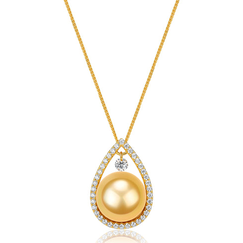 Pendant necklace by House Of Pearls - TA: gold teardrop pendant with diamond border and Golden South Sea pearl