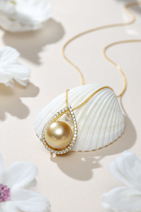 Necklace: 10-11mm Golden South Sea Pearl Teardrop Pendant on a gold chain with diamond halo, House Of Pearls - TA