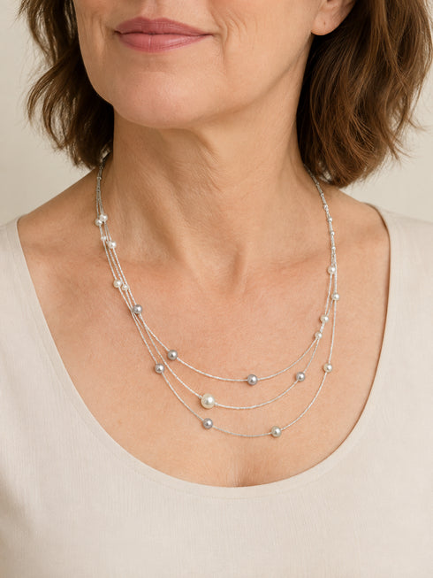 Necklace: House Of Pearls - JT Akoya Tidal Cascade, three-layer silver-tone chain with 4–7mm Japanese Akoya pearls