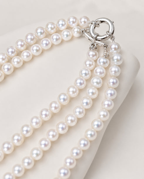 V-Shaped Aurora Pearl Sweater Necklace by House Of Pearls - TA, pearl strands with silver ring clasp