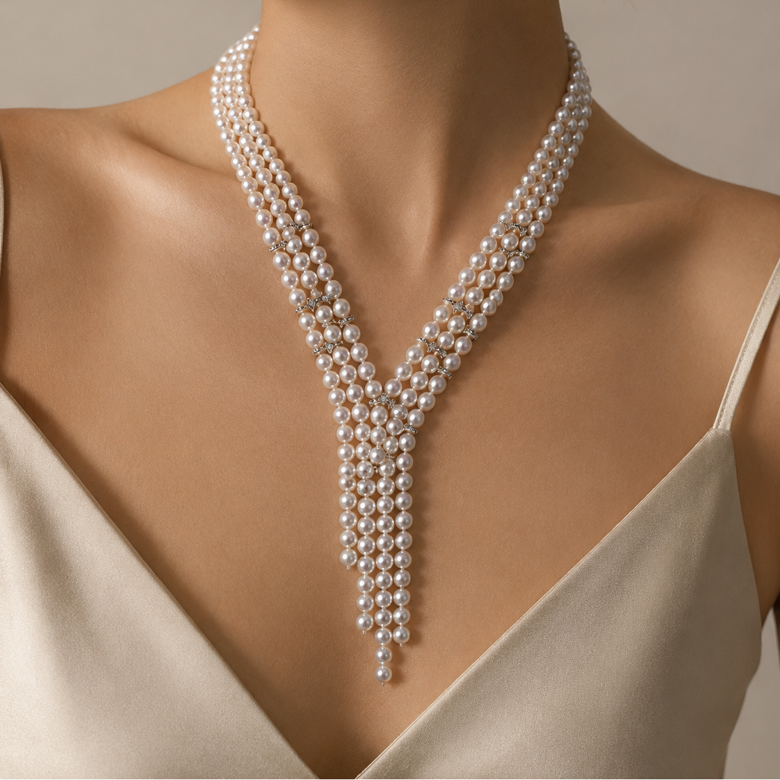 V-Shaped Aurora Pearl Sweater Necklace, triple-strand white pearls with silver accents, House Of Pearls - TA