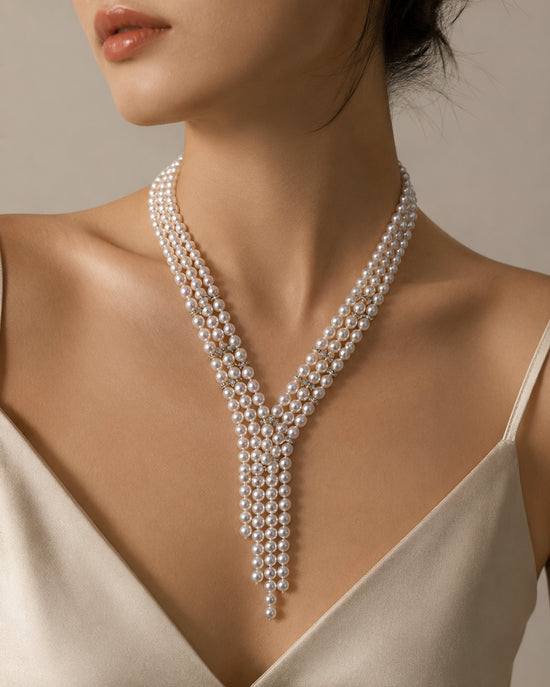 V-Shaped Aurora Pearl Sweater Necklace, triple-strand white pearls with silver accents, House Of Pearls - TA