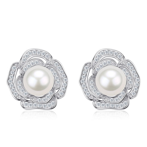 7-8mm White Akoya Pearl Blooming Rose Earrings