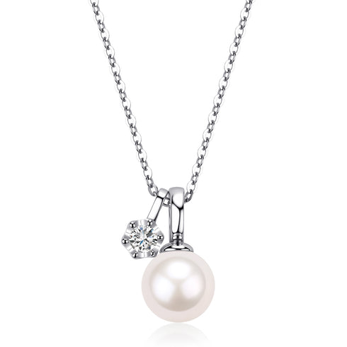 7-8mm White Akoya Pearl Pendant and Zirconia Necklace