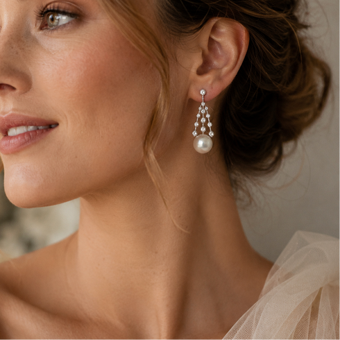 Earrings 8–9mm freshwater pearl CZ celestial drop by House of Pearls-JT