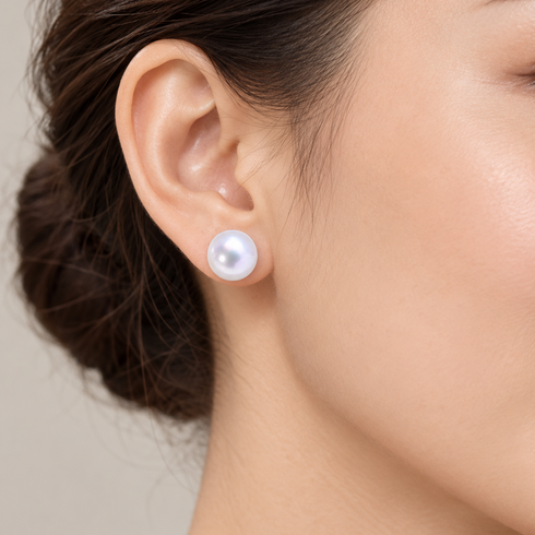 Pearl button stud earring: white freshwater pearl by House Of Pearls -JT