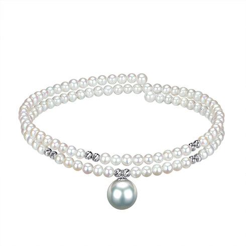 Double-Strand Akoya Pearl Wrap Bracelet by House Of Pearls - TA, silver-blue iridescent pearls with a pendant pearl.
