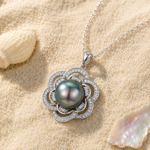Tahitian Pearl Zircon Petal Pendant Necklace on a silver chain