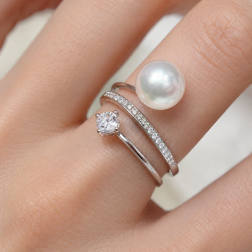 Three-ring set featuring a large Akoya pearl ring and a pavé diamond band, House Of Pearls