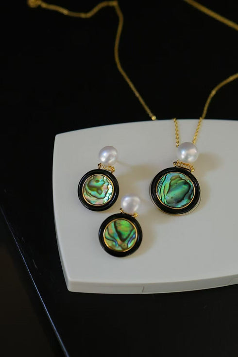 Abalone Shell, Black Agate & Freshwater Pearl Earrings, Necklace, Set