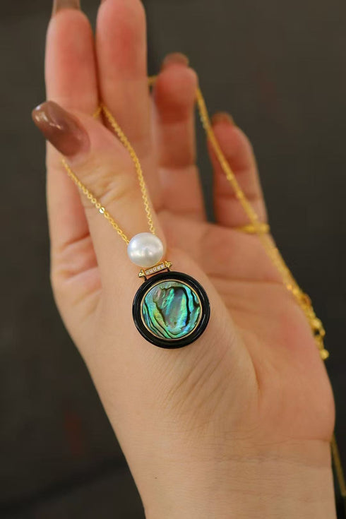 Abalone Shell, Black Agate & Freshwater Pearl Earrings, Necklace, Set