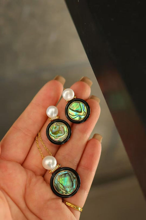 Abalone Shell, Black Agate & Freshwater Pearl Earrings, Necklace, Set