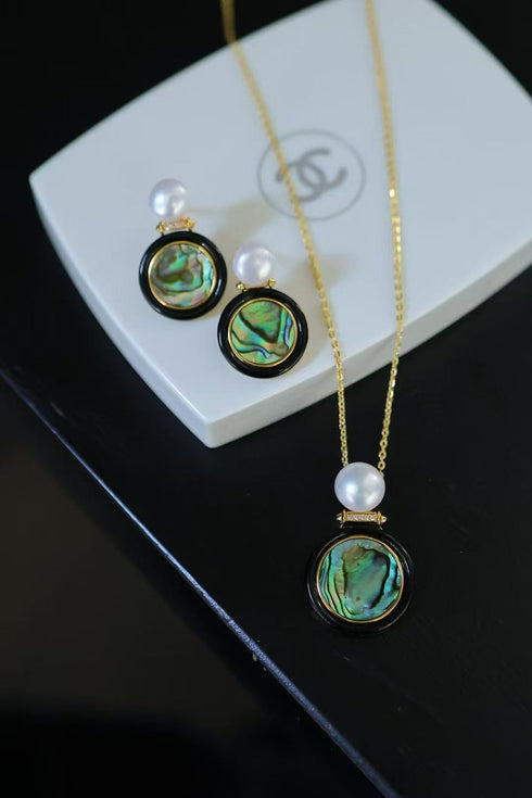 Abalone Shell, Black Agate & Freshwater Pearl Earrings, Necklace, Set