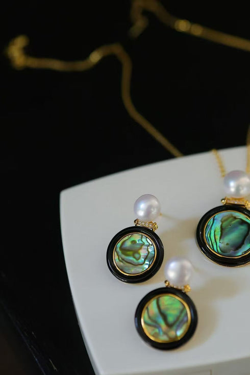 Abalone Shell, Black Agate & Freshwater Pearl Earrings, Necklace, Set