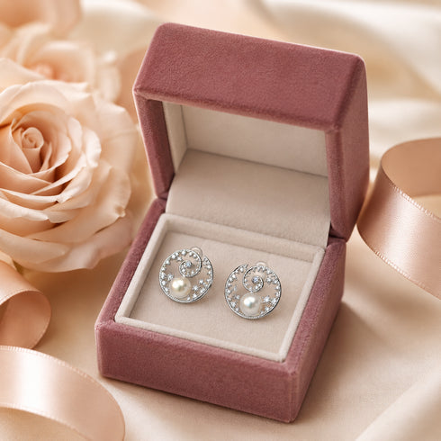 Pair of 7-8mm Akoya Pearl CZ Floral Wave Stud Earrings in silver-tone metal by House Of Pearls LC