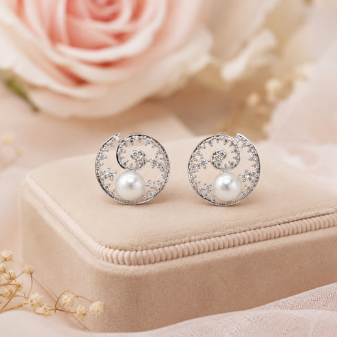7-8mm Akoya Pearl CZ Floral Wave Stud Earrings, 2 silver-tone earrings with CZ filigree by House Of Pearls -LC