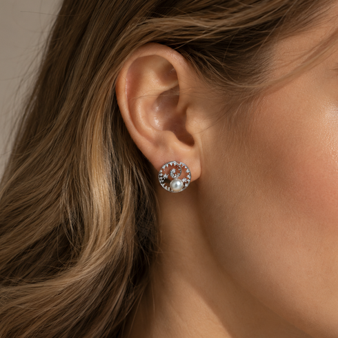 Earrings: 7-8mm Akoya pearl CZ floral wave stud in silver-tone finish