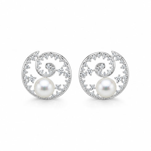 Earrings House Of Pearls: 7-8mm Akoya Pearl CZ Floral Wave Stud Earrings, pair with silver-tone spirals and crystal accents