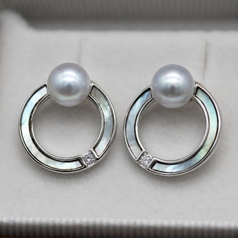 Pair of silver-tone halo hoop earrings with iridescent mother-of-pearl inlays and Akoya pearls