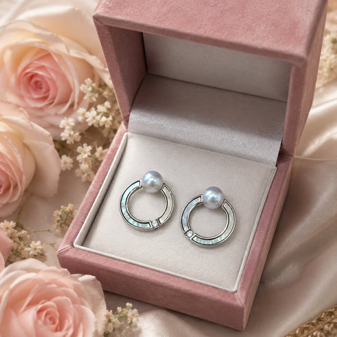 House of Pearls 7-8mm Akoya Silver Blue Pearl Halo Earrings; silver hoops with blue Akoya pearl tops