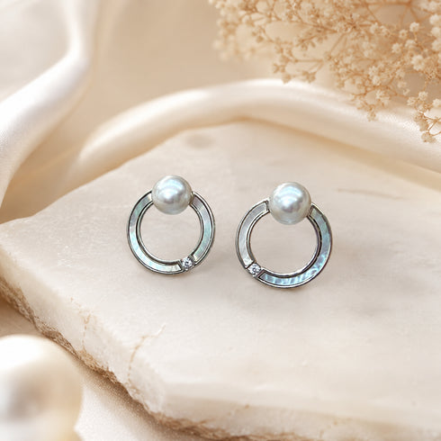 Earrings: 7-8mm Akoya silver-blue pearl halo hoops with a perched pearl and small diamonds