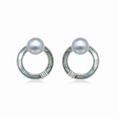 Halo earrings, pair by House of Pearls: silver hoops with mother-of-pearl inlays and blue Akoya pearls.