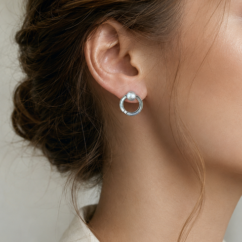 7-8mm Akoya Silver-Blue Pearl Halo Earrings; silver-tone hoop with white pearl atop