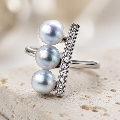 6-7mm Silver Blue Japanese Akoya Pearl CZ Line Open Ring by House Of Pearls, three pearls with a crystal-studded bar