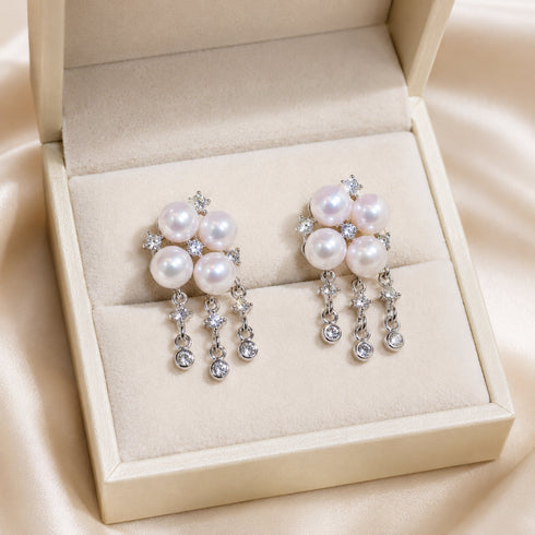 Akoya Pearl Tassel Earrings, pair of 5-6mm pearls with crystal accents in silver, by House Of Pearls -LC