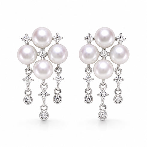 5-6mm Akoya Pearl Tassel Earrings, silver-tone with clustered white pearls and crystal dangles (pair)