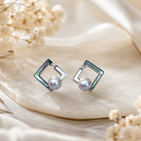 7-8mm Japanese Akoya pearl square stud earrings in a silver shell-frame with blue-green inlay (pair)